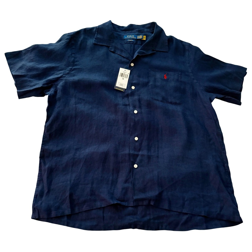 Polo Ralph Lauren Shirt Mens XL Navy 100% Linen Short Sleeve Button Up Classic